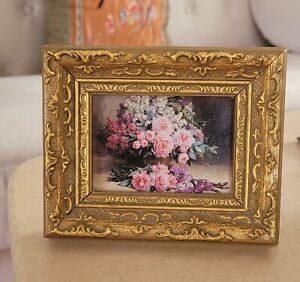 Vintage Miniature Rectangle Painting Of Flowers In Gold Tone Guild Frame 5