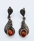 sterling silver marcasite earrings dangle 925 Orange Stone