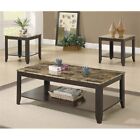 Table Set 3pcs Set Coffee End Side Accent Laminate Brown Marble Look