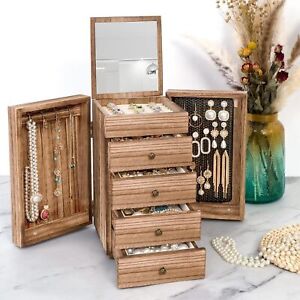 Wowen Wood Jewelry Box 5-Layer Large Organizer w/Mirror Drawers for Ring Earring