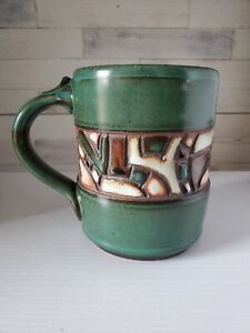 Studio Art Pottery Artist Signed 20 oz Handmade Coffee Mug Green & Brown Glaze