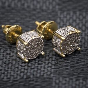 14k Gold Plated Mens Round Cz Small Iced Hip Hop Screw On Back Stud Earrings