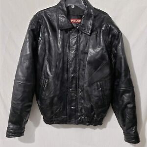 Phase 2 Black Leather Bomber Zip Jacket Coat Patchwork M