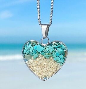 New Teal Blue Turquoise Heart Love Sea Glass  necklace 20