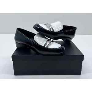 CHANEL Patent Leather Moccasin Loafers Black & White Size 38.5 Pre-Owned #07S