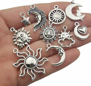 10 Assorted Sun Pendants Antiqued Silver Moon Celestial Mixed Charms