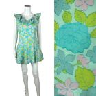 Vintage 60s Mini Dress Women's Medium Aqua Floral Ruffle Babydoll Cotton Shift