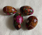 Pysanky Easter Eggs Lot Of 4 Polish Folk Art Brown Turned Wood Vintage Floral