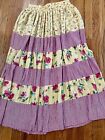 Tiered Yellow Pink Floral Gingham Maxi Skirt Size M-L Elastic Waist Festival