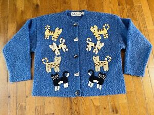 Vintage BellePointe blue button front sweater cardigan cat buttons knit cats Xl