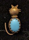 Unusual Vintage Gold Tone Cat Brooch Blue Cabochon Back Fancy Prong Setting