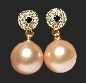 5A Quality 10-10.5mm Edison Peach Gold Pink Round Cultured Pearl Dangle Earrings
