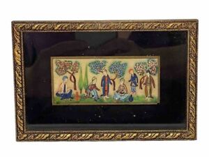 Vintage Miniature Persian Camel Bone Handmade Painting Framed 7x4.5” Court Life
