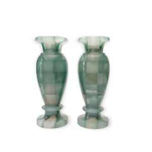 Vintage Set of Light Green Checkered Onyx Polished Stone Decorative Vases 8”