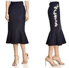 Elie Tahari Eavanna Floral Embroidered Dark Blue Denim Midi Skirt 6 NWT $298