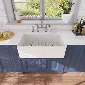 33 inch Farmhouse Kitchen Sink Farm Sink Apron Sink w/Bottom Grid in&Drain White