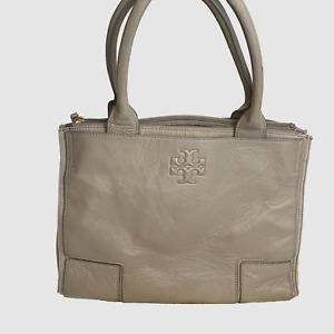 Tory Burch Leather Tote Bag Taupe Pebbled Multi Pockets Mixed Media Canvas Zip