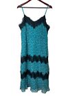 Foxiedox Midi Dress Size Large Teal Black Lace Slip Cocktail Party NEW