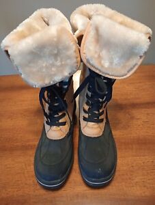 Madden Girl Boots, Tan & Black Lace Up Snap Closure Flaps Faux Fur Lining SZ 8.5