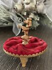 Vintage Red Velvet Pin Cushion Gold Tone Poodle & Base Great Sewing Collectible