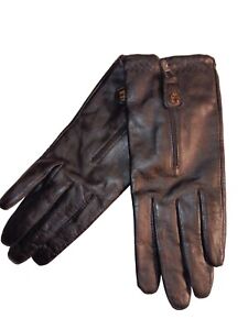 Etienne Aigner Zipper Cuff Gloves Genuine Leather, Black, Large.