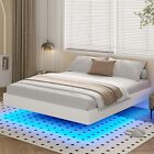 Queen Floating Bed Frame with LED Lights Meral Platform Bed with Fabric Cover