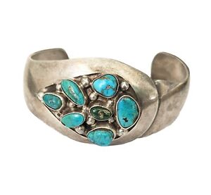 NA Old Pawn Midcentury Modern Sterling Silver Turquoise Cluster Cuff Signed AR