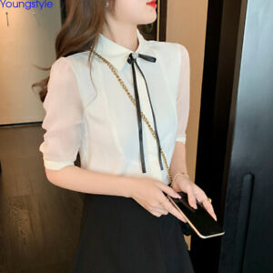 OL Korean Womens Spring Summer Bow Slim Half Sleeve Career Blouse Tops Shirts