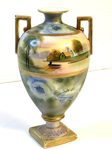 New ListingAntique Nippon Morimura 2 Handled Vase w/ Hand Painted Landscape 8 1/2
