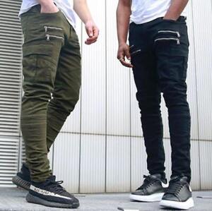 New Men Slim cargo pants Casual Multiple pockets Long Trousers Zipper Solid pant