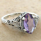 NATURAL AMETHYST 925 STERLING SILVER SOLITAIRE ART DECO STYLE FILIGREE RING 672X