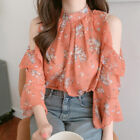 Fashion Womens Korean Loose Flare Sleeves Floral Chiffon Shirt Cold Shoulder Top