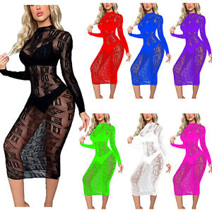 US Women Stylish Print Sheer Mesh Bodycon Dress See-through Long Sleeve Dress