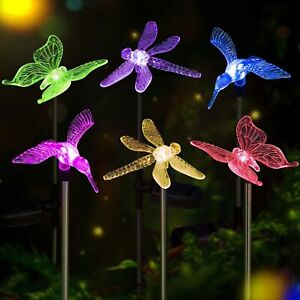 3/6Pack Solar Garden Lights RGB Hummingbird Butterfly Dragonfly Stake Light