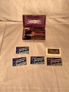 Antique Gillette of Canada Safety Razor w/ Case, Two Holders & Waltham Blades