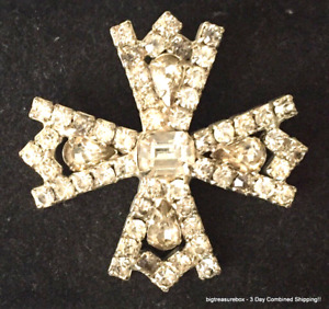 Vintage Brooch Pin Clear Maltese Cross Rhinestone Silver tone Jewelry lot y