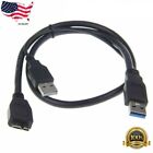 Dual USB 3.0 A Male to Micro B Y Black Power Data Cable Mobile Hard Disk 1.5FT