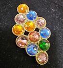 Vtg Silvertone Brooch Pin w Multicolor cut glass stones diamond shaped- A10