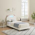 Pink/Beige Twin Wood Bed Frame with LED Lights Noise-Free No Box Spring Needed