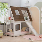 Wooden Twin Size House Bunk Bed With Window Roof Shape Design With Climbing Ramp