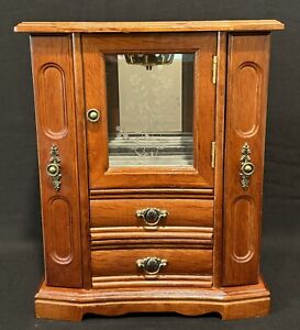 Vtg Wooden Armoire Jewelry Box Chest w/ 3 Etched Glass Doors & 2 Drawers 12.5”
