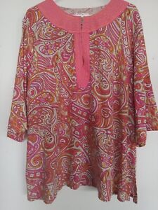 Plus 2X tunic in pink, yellow & orange. Cloth w/ embroidered neckline. Excellent