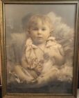 Antique Hand Tinted Photograph Portrait Baby Boy Sitting on Fur Throw Framed