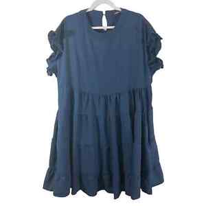 Miholl XXL Women's Top Blouse Shirt Blue Ruffle Tiered Babydoll Short Sleeve 2XL