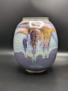✨ Signed Contemporary Vase Purple Blue Drip Glaze Studio Art Pottery