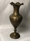 Vintage Floral Etched Solid Brass Ruffle Vase 6” Unpolished Marked India