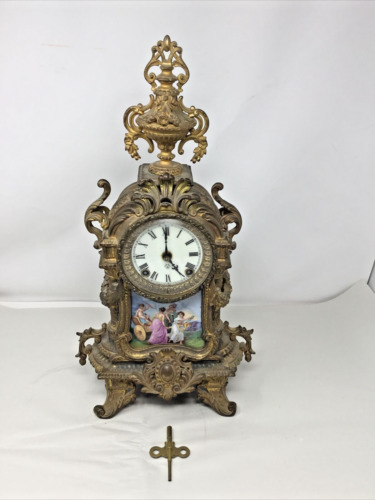 New ListingAnsonia Brass Antique French Pendulum Clock W/Key Porcelain Plaque