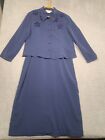 Vintage Karin Stevens Suit Dress Jacket Blazer Navy Blue Floral Stitch Size 14