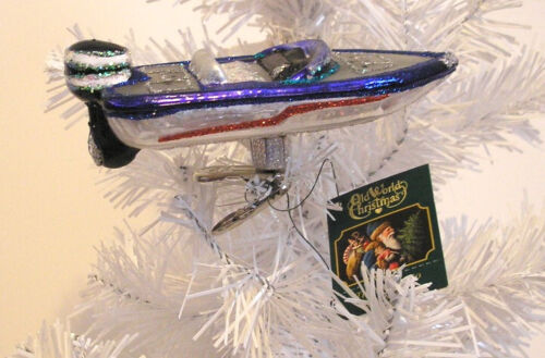 2015 OLD WORLD CHRISTMAS - BASS BOAT - BLOWN GLASS CLIP ON ORNAMENT NEW W/TAG
