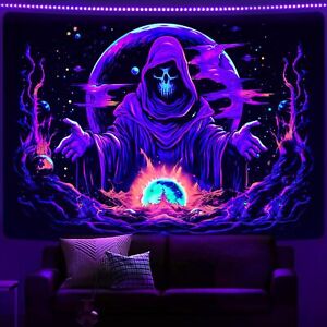 Blacklight Skull Wizard Tapestry UV Reactive Galaxy Space Tapestries Gothic Skel